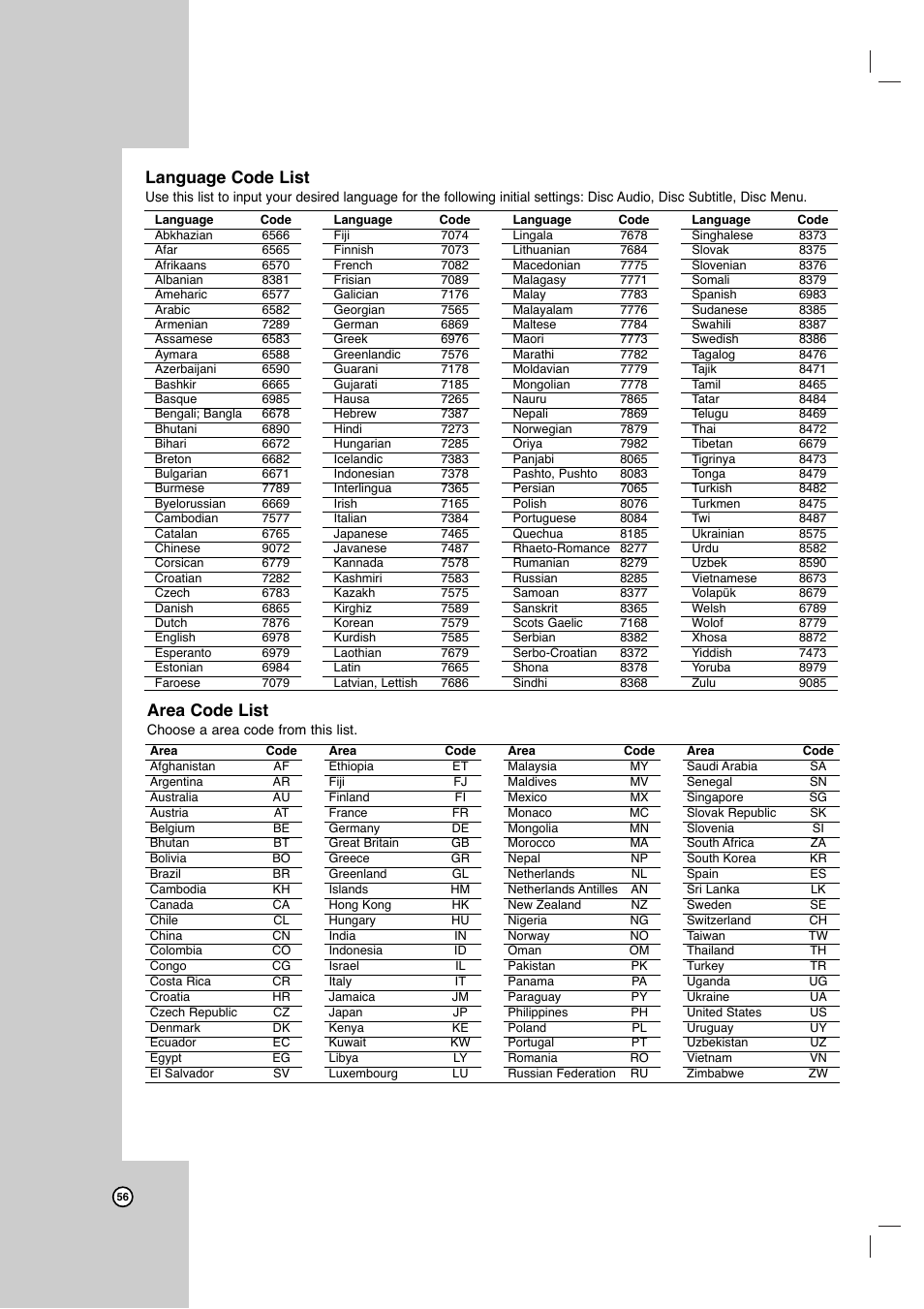 Area code list, Language code list | LG LRY-517 User Manual | Page 56 / 62