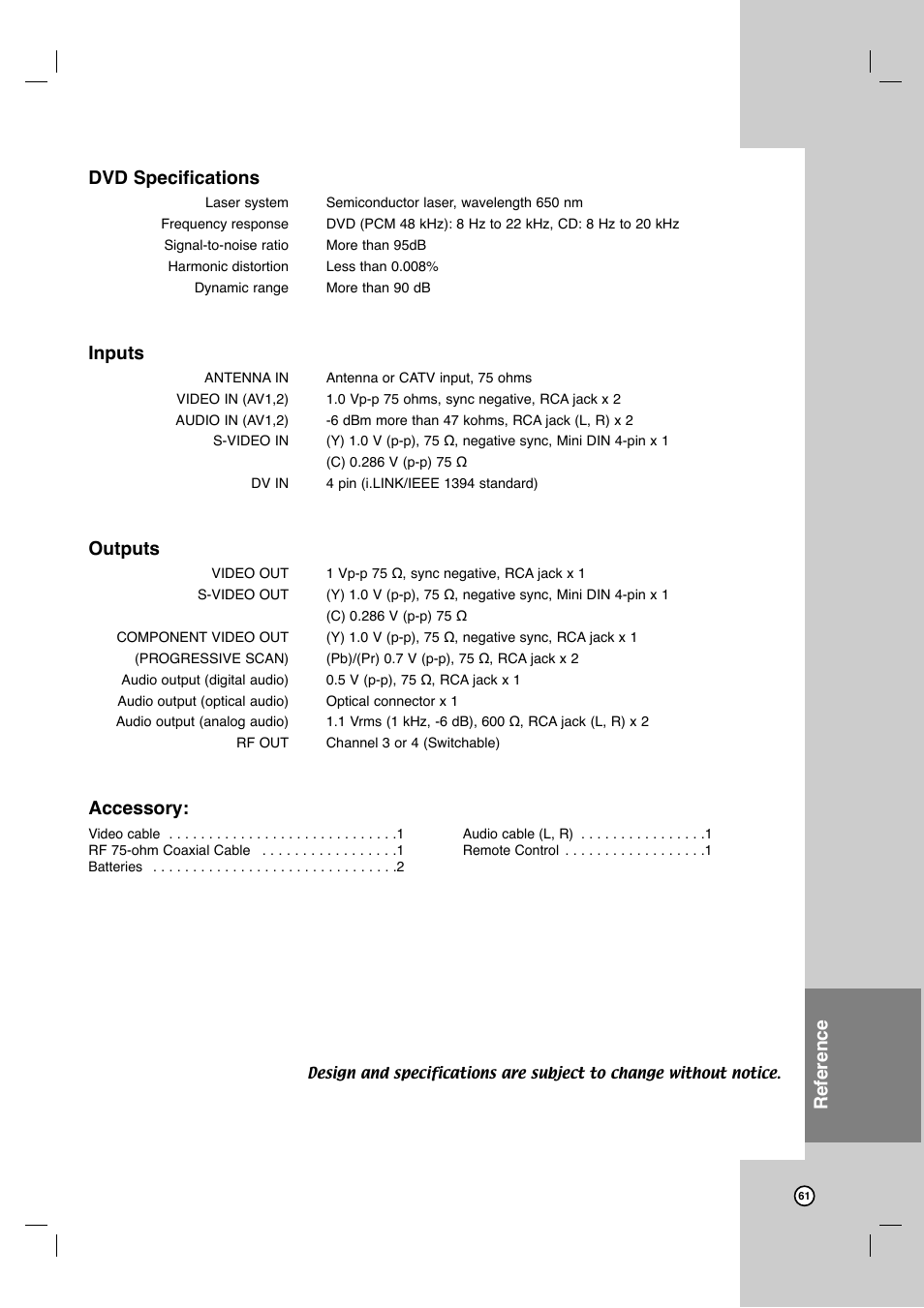 Reference dvd specifications, Inputs, Outputs | Accessory | LG LRY-517 User Manual | Page 61 / 62