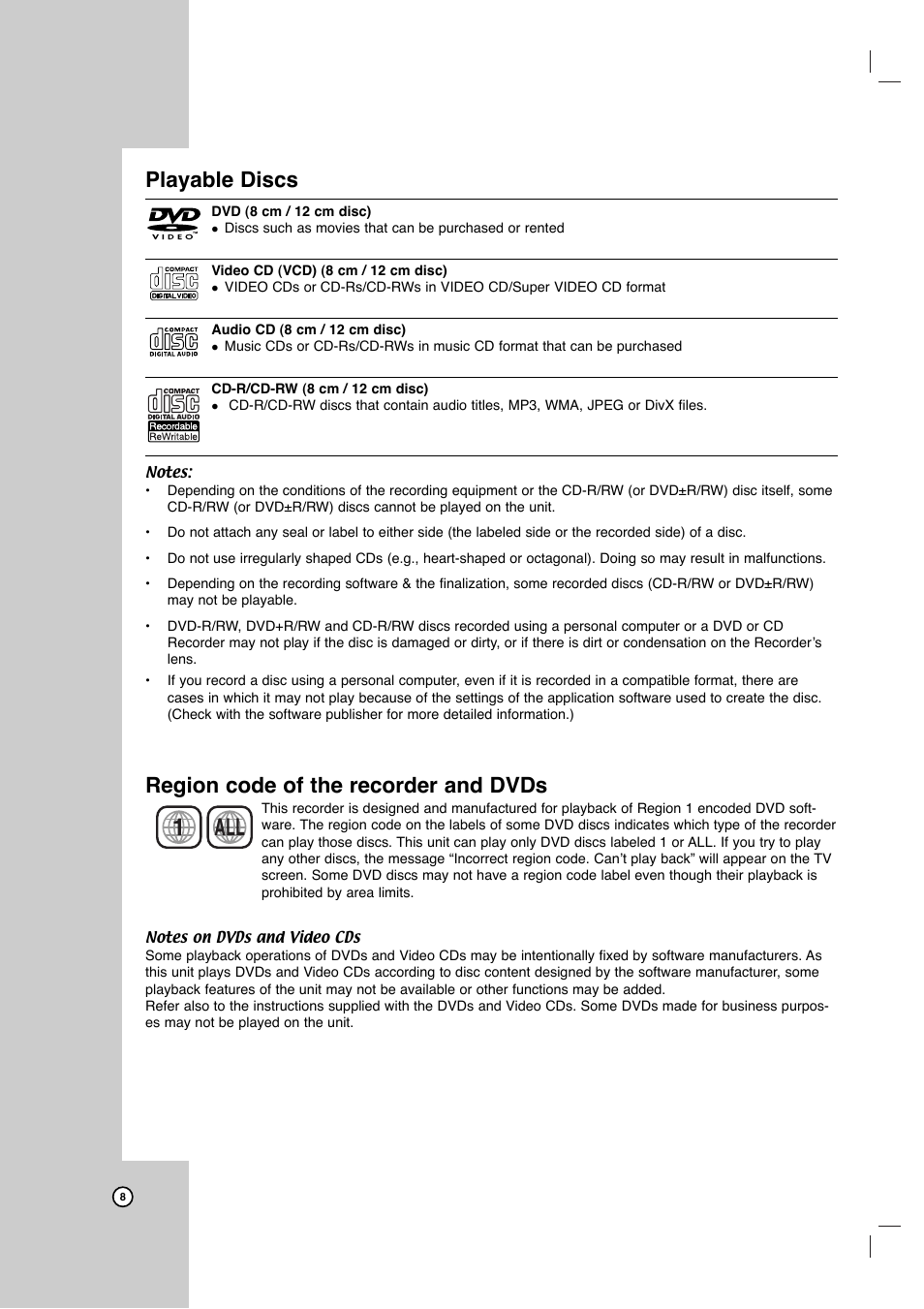 1all, Playable discs, Region code of the recorder and dvds | LG LRY-517 User Manual | Page 8 / 62