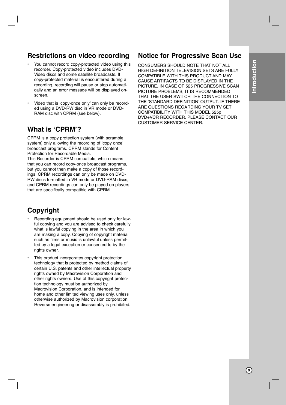 Restrictions on video recording, What is ‘cprm, Copyright | Notice for progressive scan use | LG LRY-517 User Manual | Page 9 / 62