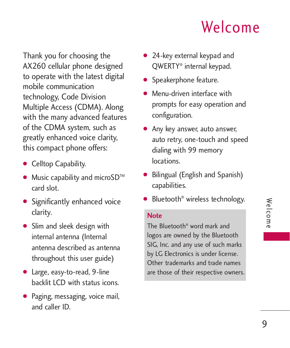 Welcome, Significantly enhanced voice clarity | LG AX260 User Manual | Page 11 / 115