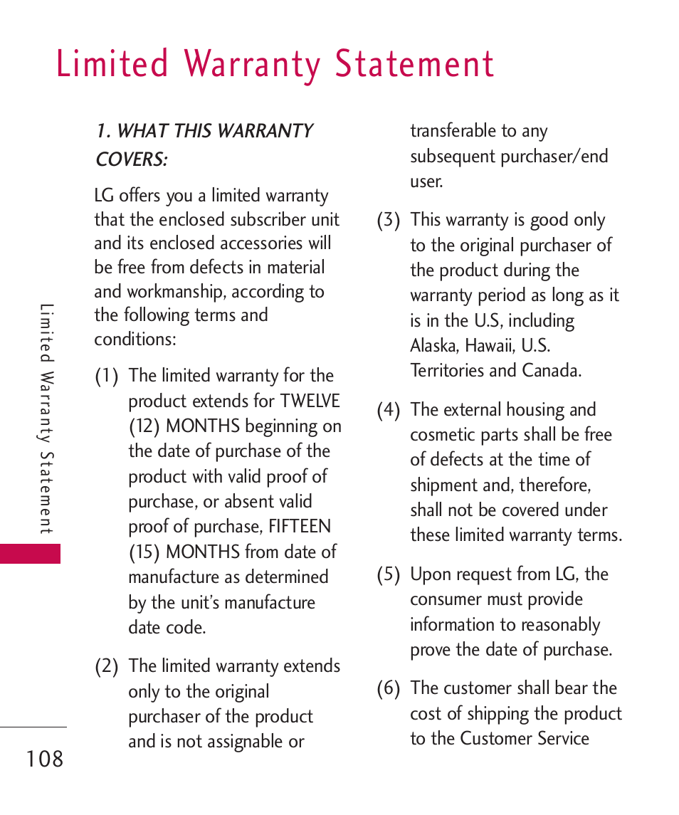 Limited warranty statement | LG AX260 User Manual | Page 110 / 115