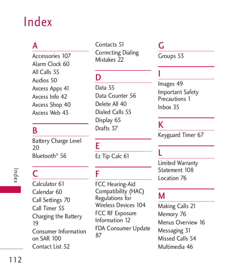 Index | LG AX260 User Manual | Page 114 / 115