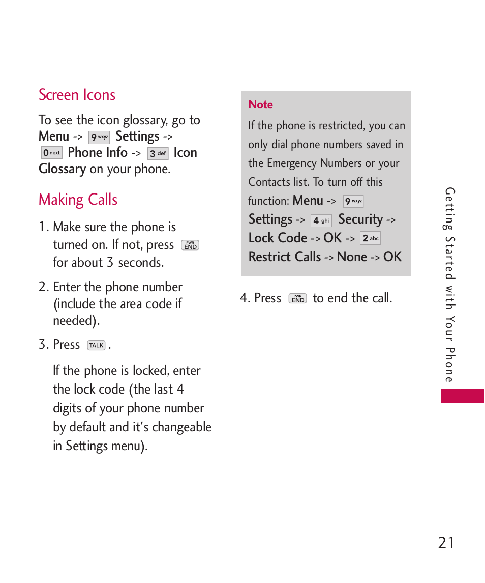 Screen icons, Making calls | LG AX260 User Manual | Page 23 / 115