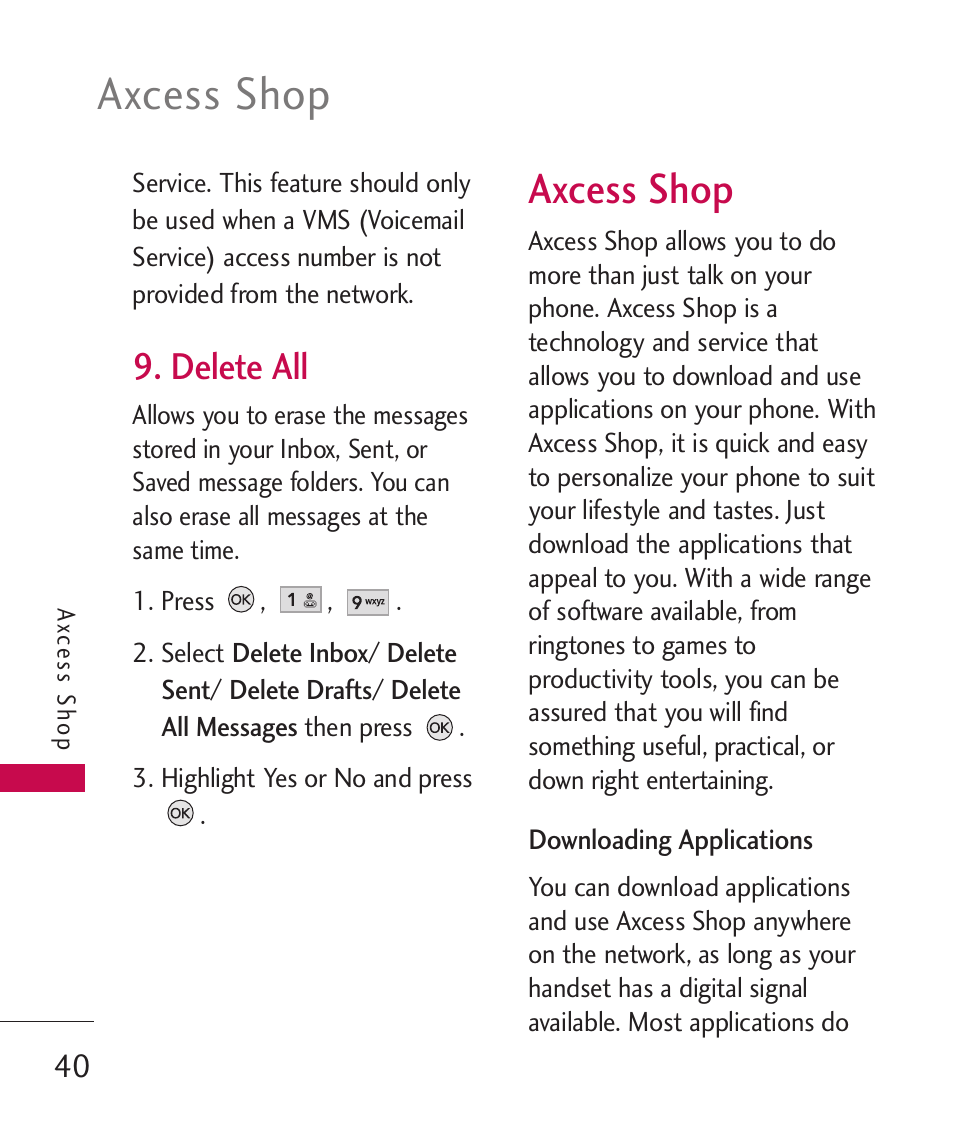 Axcess shop, Delete all | LG AX260 User Manual | Page 42 / 115