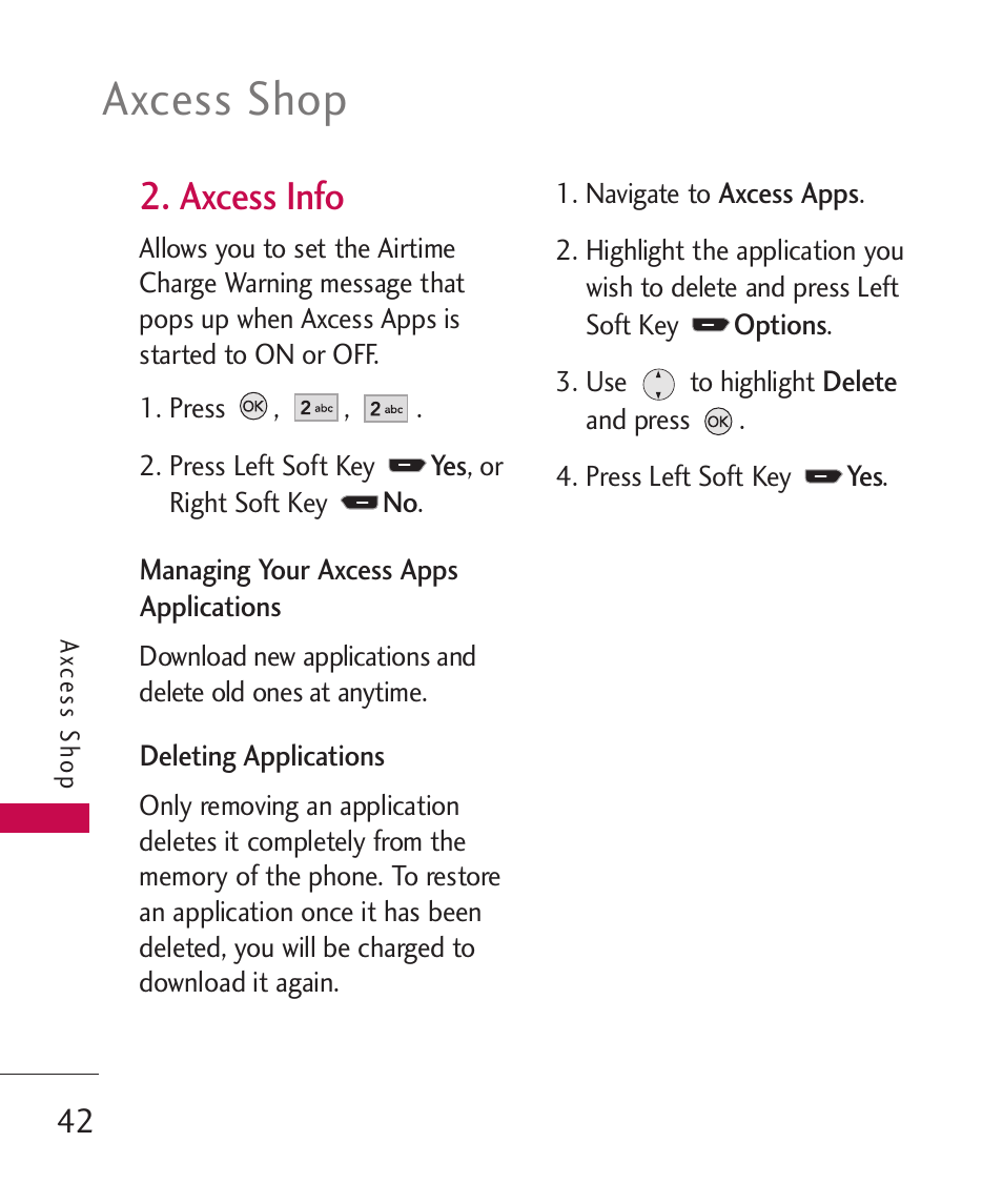 Axcess shop, Axcess info | LG AX260 User Manual | Page 44 / 115