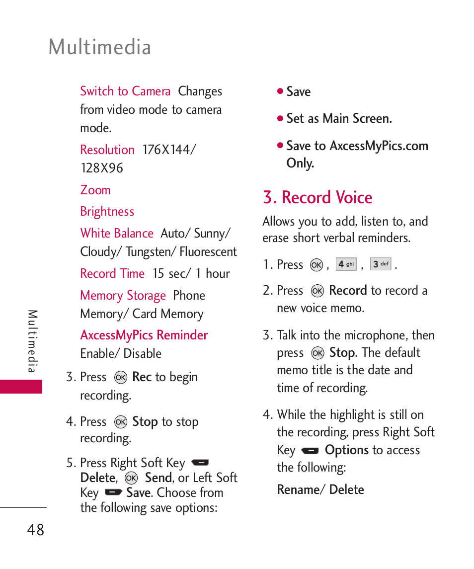 Multimedia, Record voice | LG AX260 User Manual | Page 50 / 115