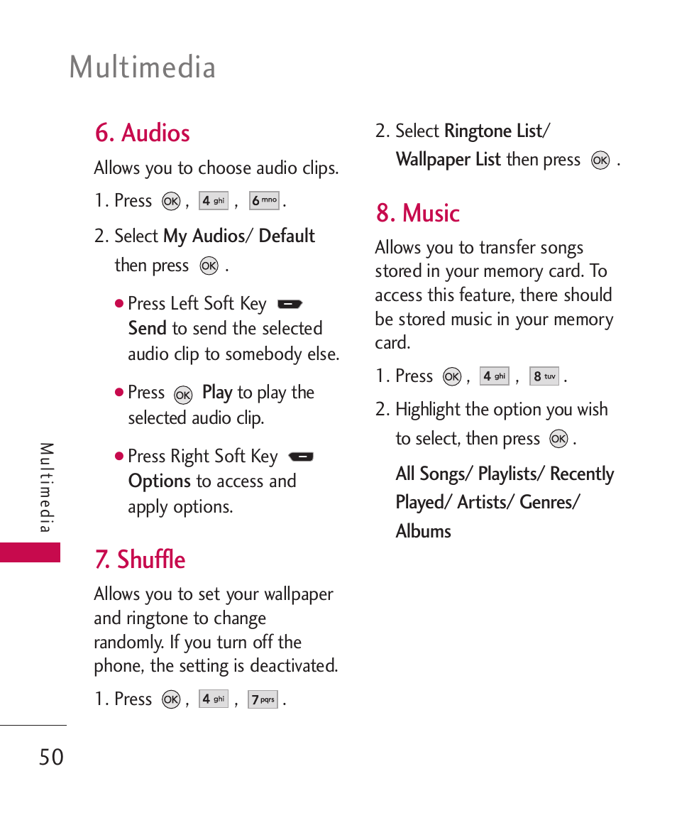 Multimedia, Audios, Shuffle | Music | LG AX260 User Manual | Page 52 / 115