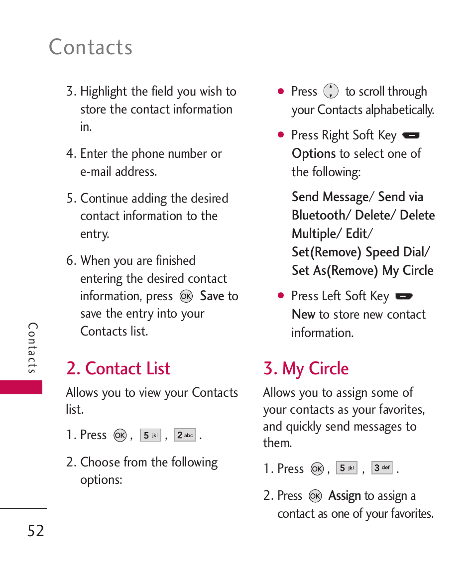 Contacts, Contact list, My circle | LG AX260 User Manual | Page 54 / 115