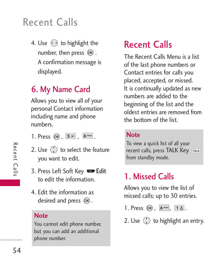 Recent calls, My name card, Missed calls | LG AX260 User Manual | Page 56 / 115