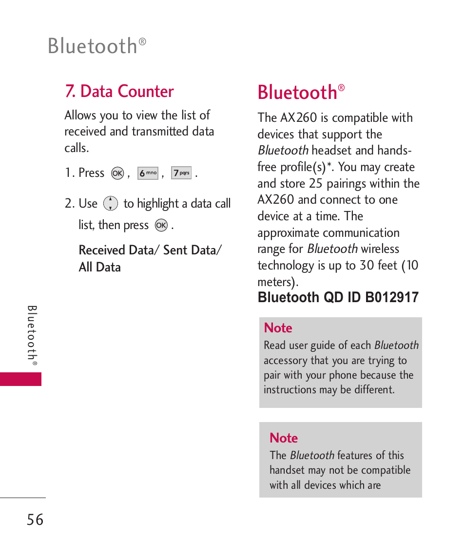 Bluetooth, Data counter | LG AX260 User Manual | Page 58 / 115