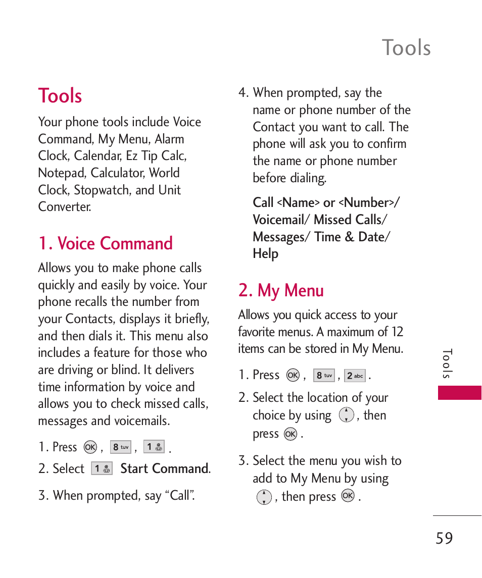 Tools, Voice command, My menu | LG AX260 User Manual | Page 61 / 115