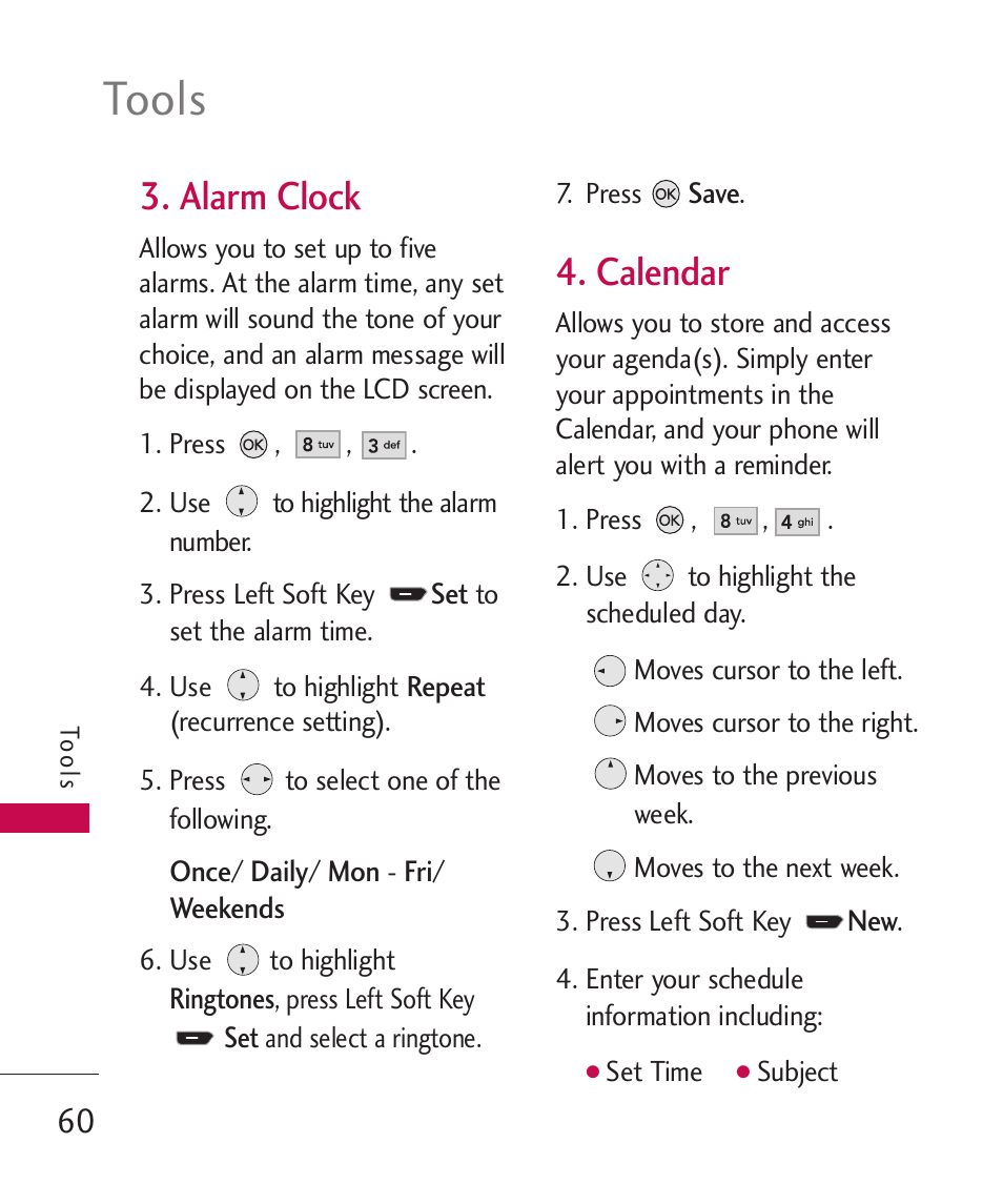 Tools, Alarm clock, Calendar | LG AX260 User Manual | Page 62 / 115