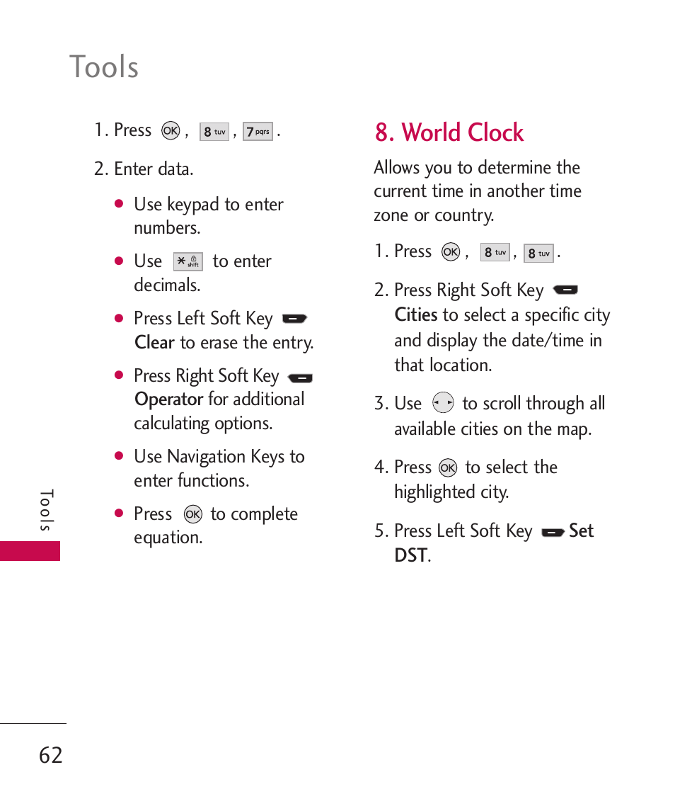 Tools, World clock | LG AX260 User Manual | Page 64 / 115