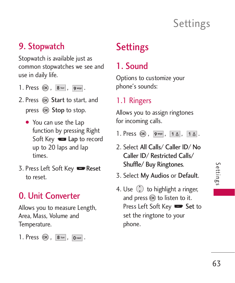 Settings, Stopwatch, Unit converter | Sound, 1 ringers | LG AX260 User Manual | Page 65 / 115