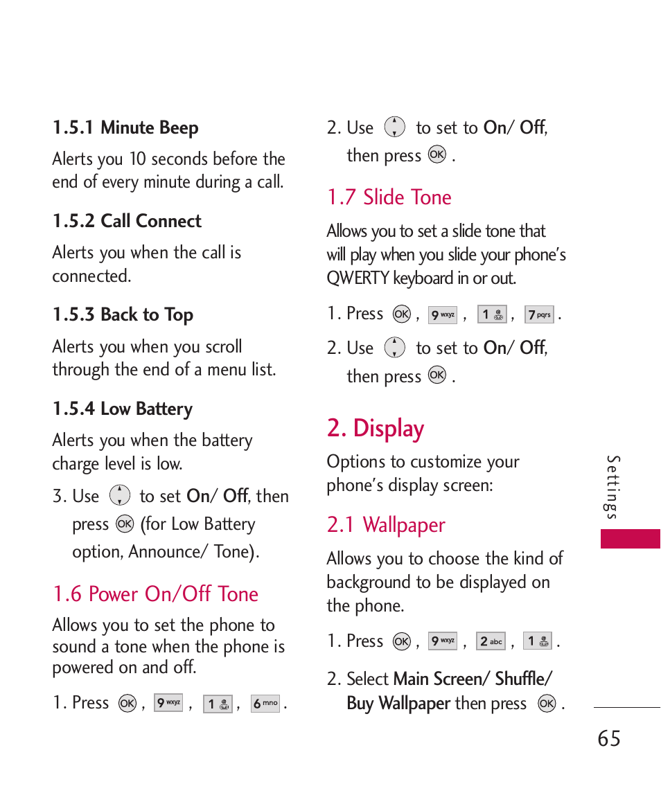 Display, 6 power on/off tone, 7 slide tone | 1 wallpaper | LG AX260 User Manual | Page 67 / 115