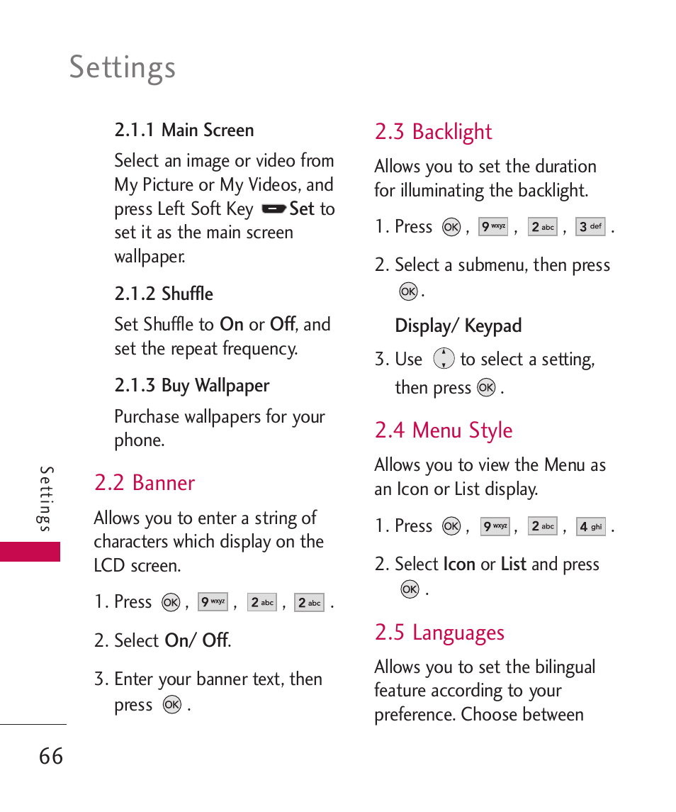 Settings, 2 banner, 3 backlight | 4 menu style, 5 languages | LG AX260 User Manual | Page 68 / 115