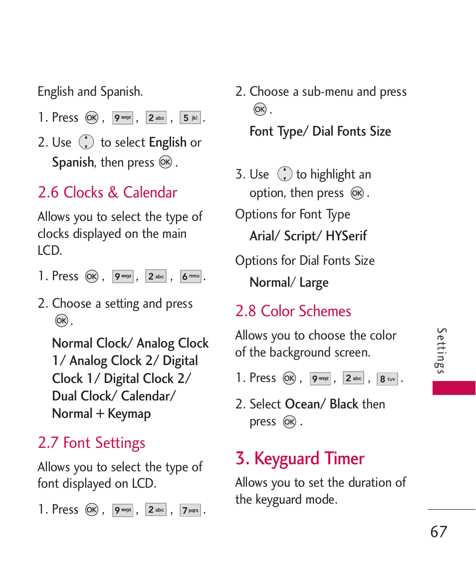 Keyguard timer, 6 clocks & calendar, 7 font settings | 8 color schemes | LG AX260 User Manual | Page 69 / 115