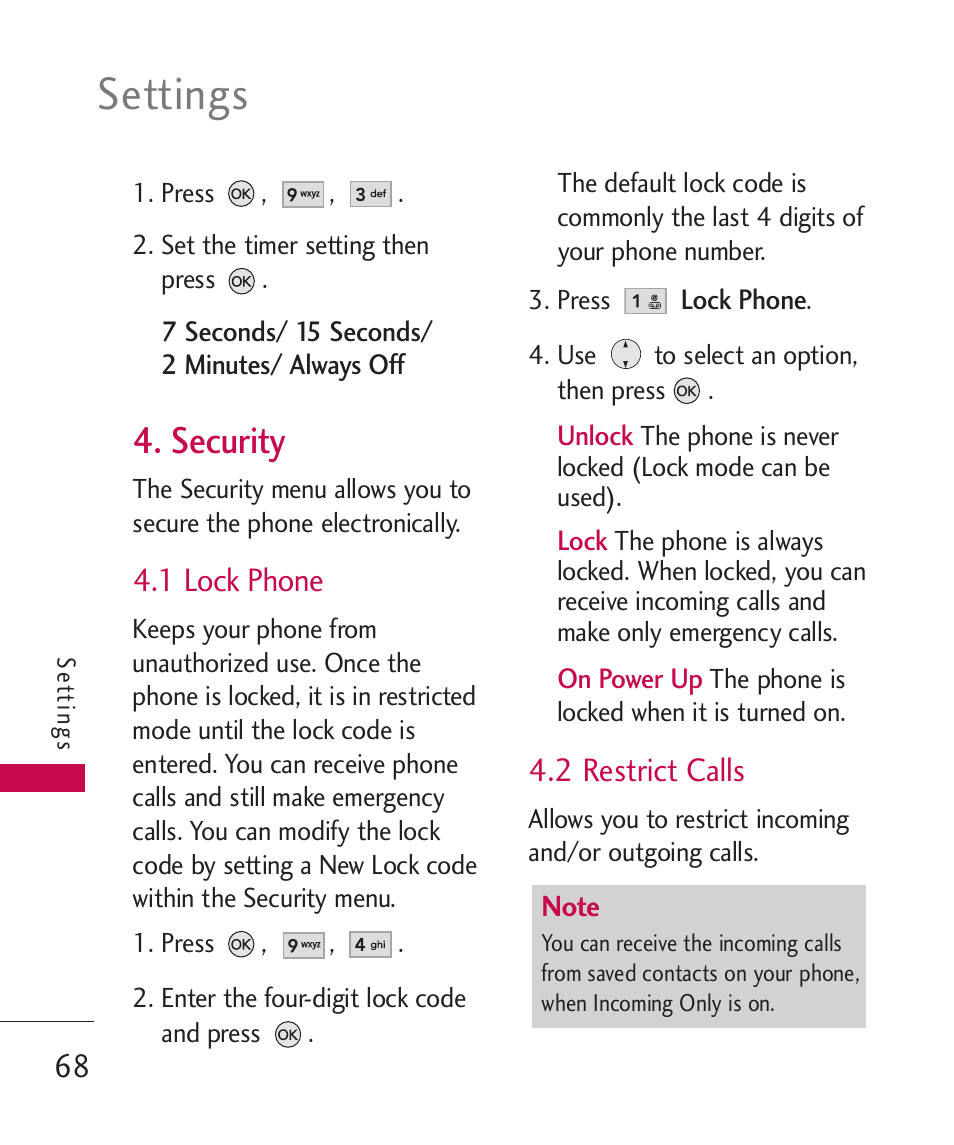 Settings, Security, 1 lock phone | 2 restrict calls | LG AX260 User Manual | Page 70 / 115