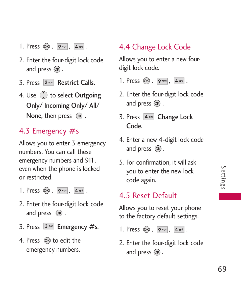 3 emergency #s, 4 change lock code, 5 reset default | LG AX260 User Manual | Page 71 / 115