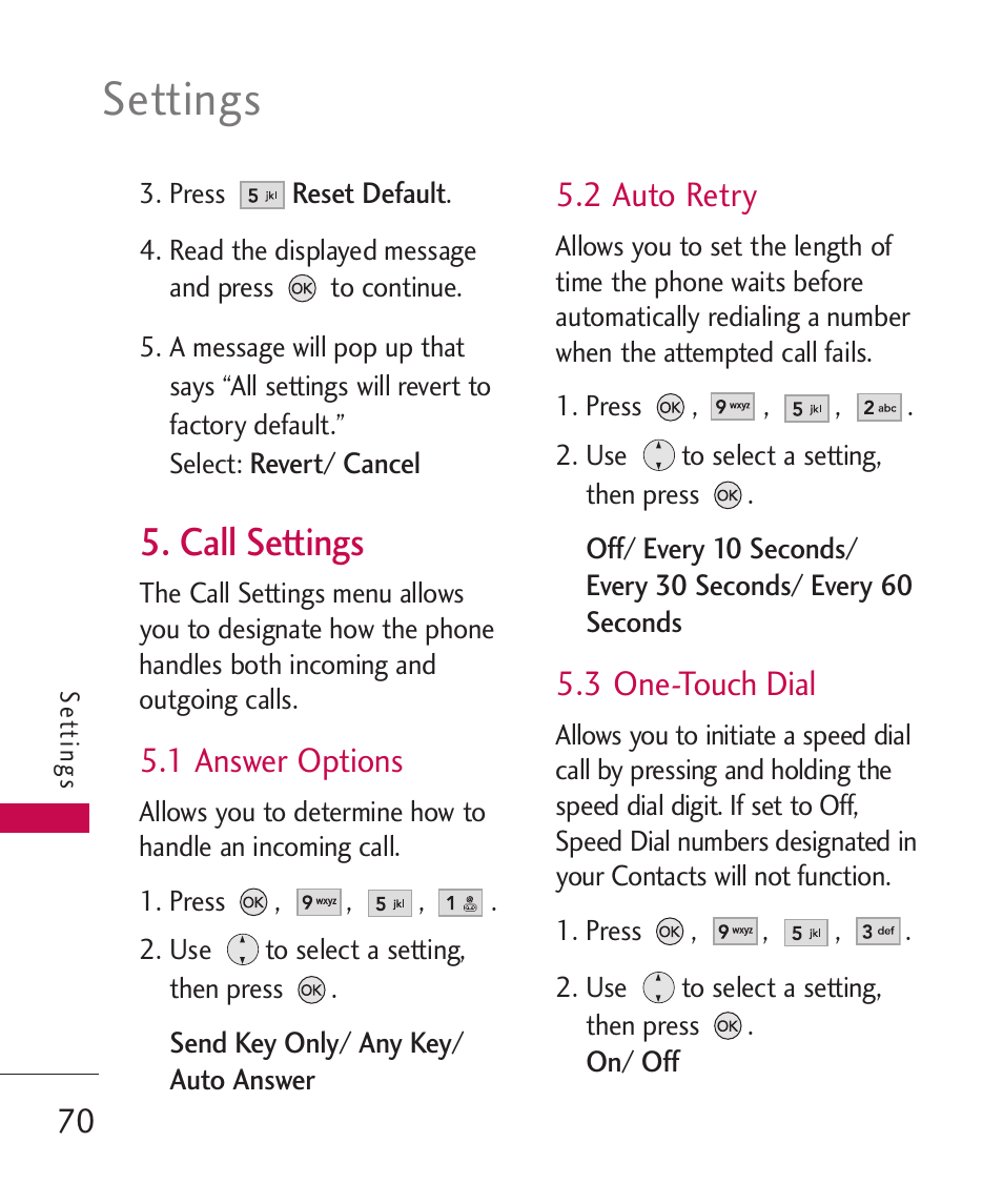 Settings, Call settings, 1 answer options | 2 auto retry, 3 one-touch dial | LG AX260 User Manual | Page 72 / 115