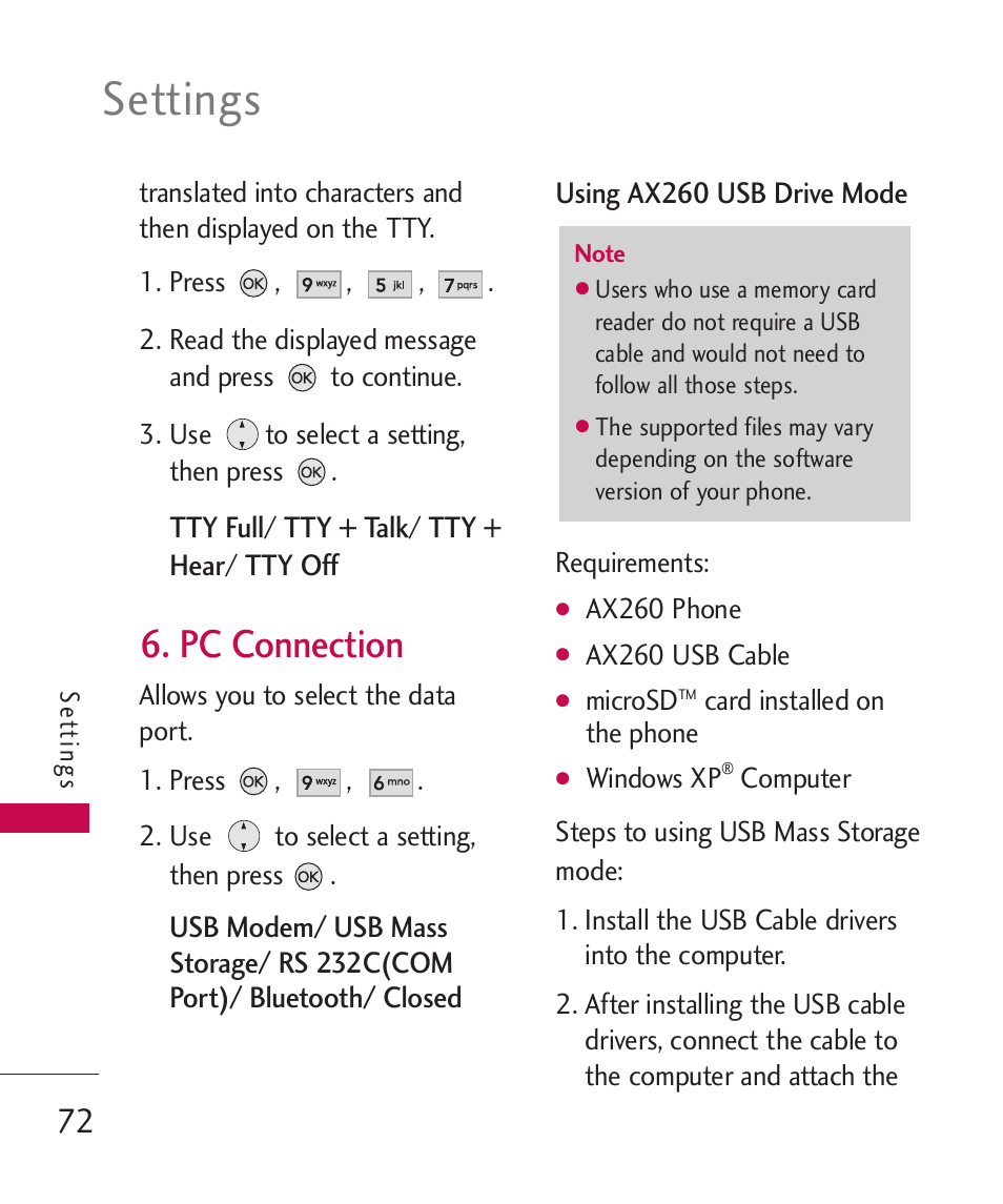 Settings, Pc connection | LG AX260 User Manual | Page 74 / 115