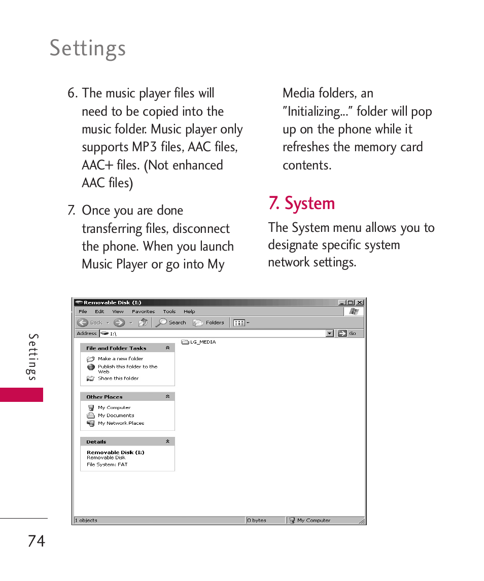 Settings, System | LG AX260 User Manual | Page 76 / 115