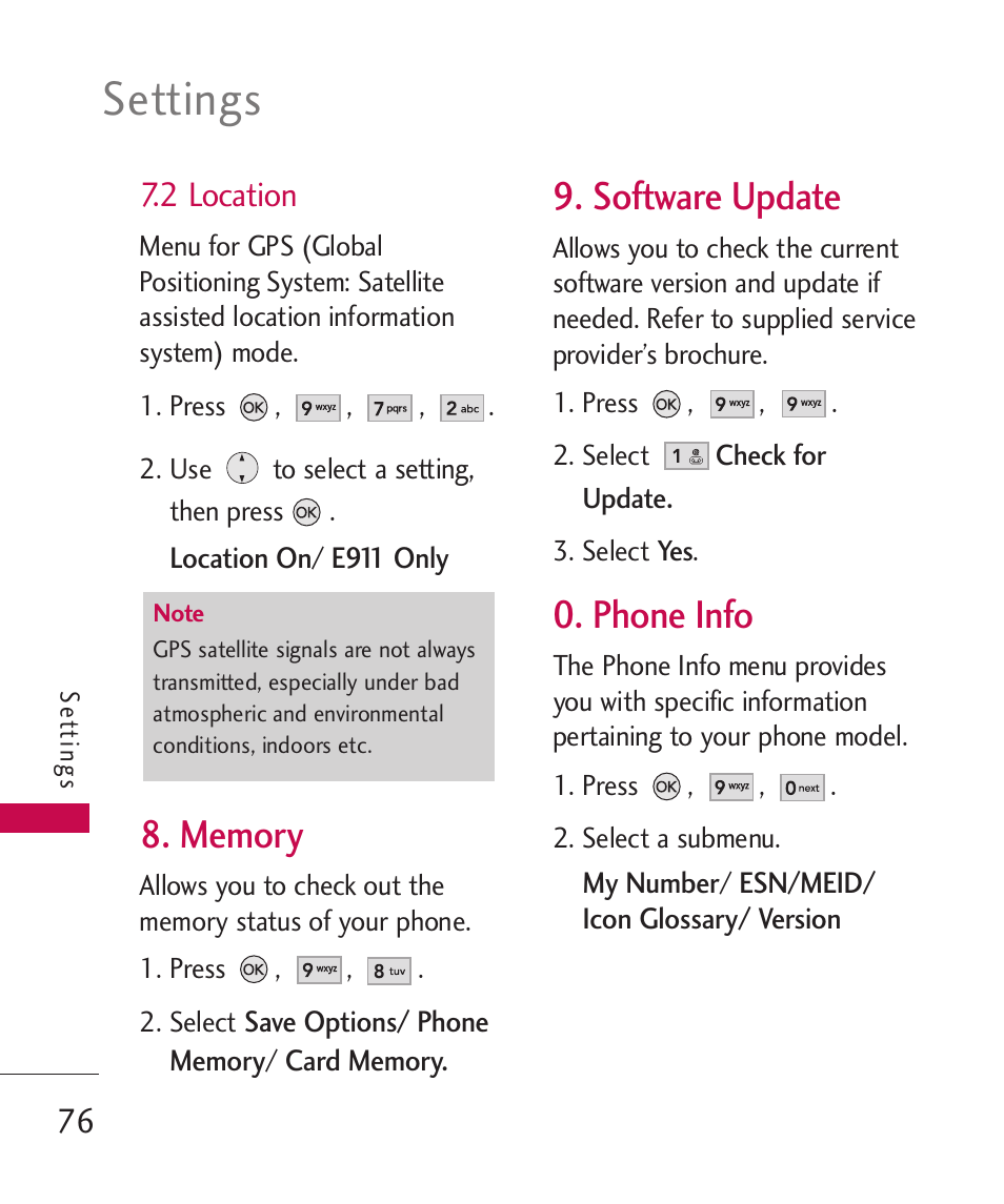 Settings, Software update, Phone info | 2 location | LG AX260 User Manual | Page 78 / 115