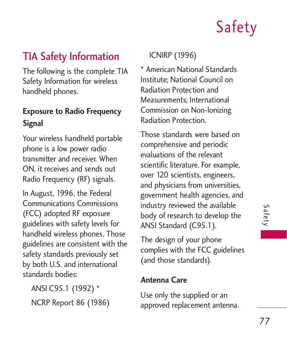 Safety, Tia safety information | LG AX260 User Manual | Page 79 / 115