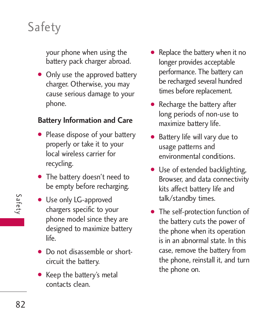 Safety, Battery information and care | LG AX260 User Manual | Page 84 / 115