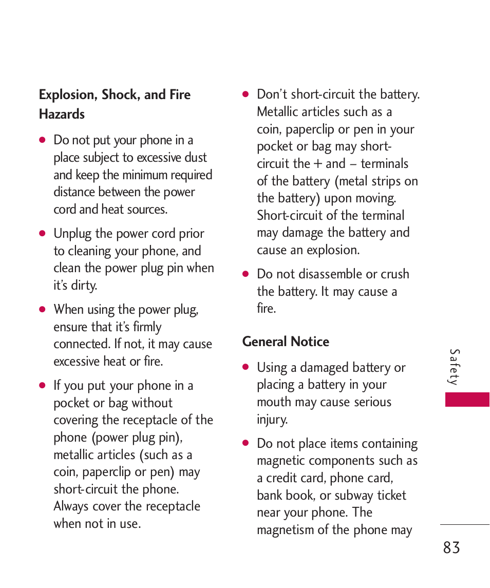 Explosion, shock, and fire hazards, General notice | LG AX260 User Manual | Page 85 / 115