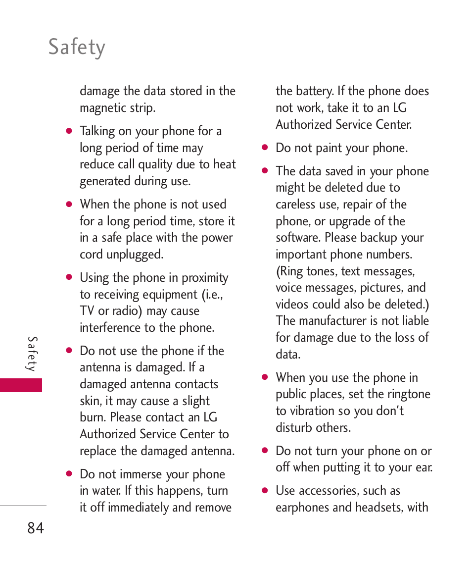Safety | LG AX260 User Manual | Page 86 / 115