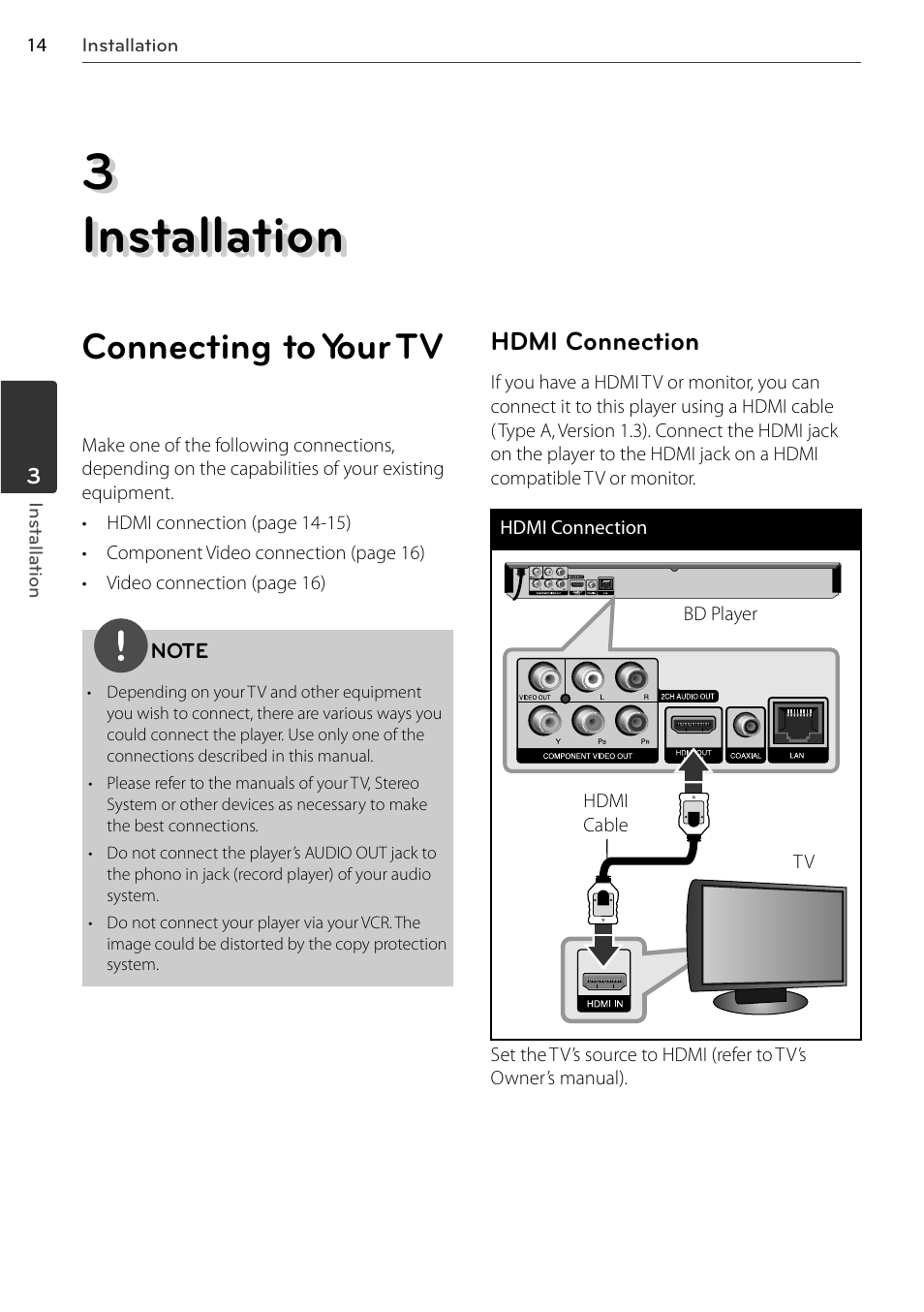 3 installation, Connecting to your tv, Hdmi connection | LG BD678N User Manual | Page 14 / 72
