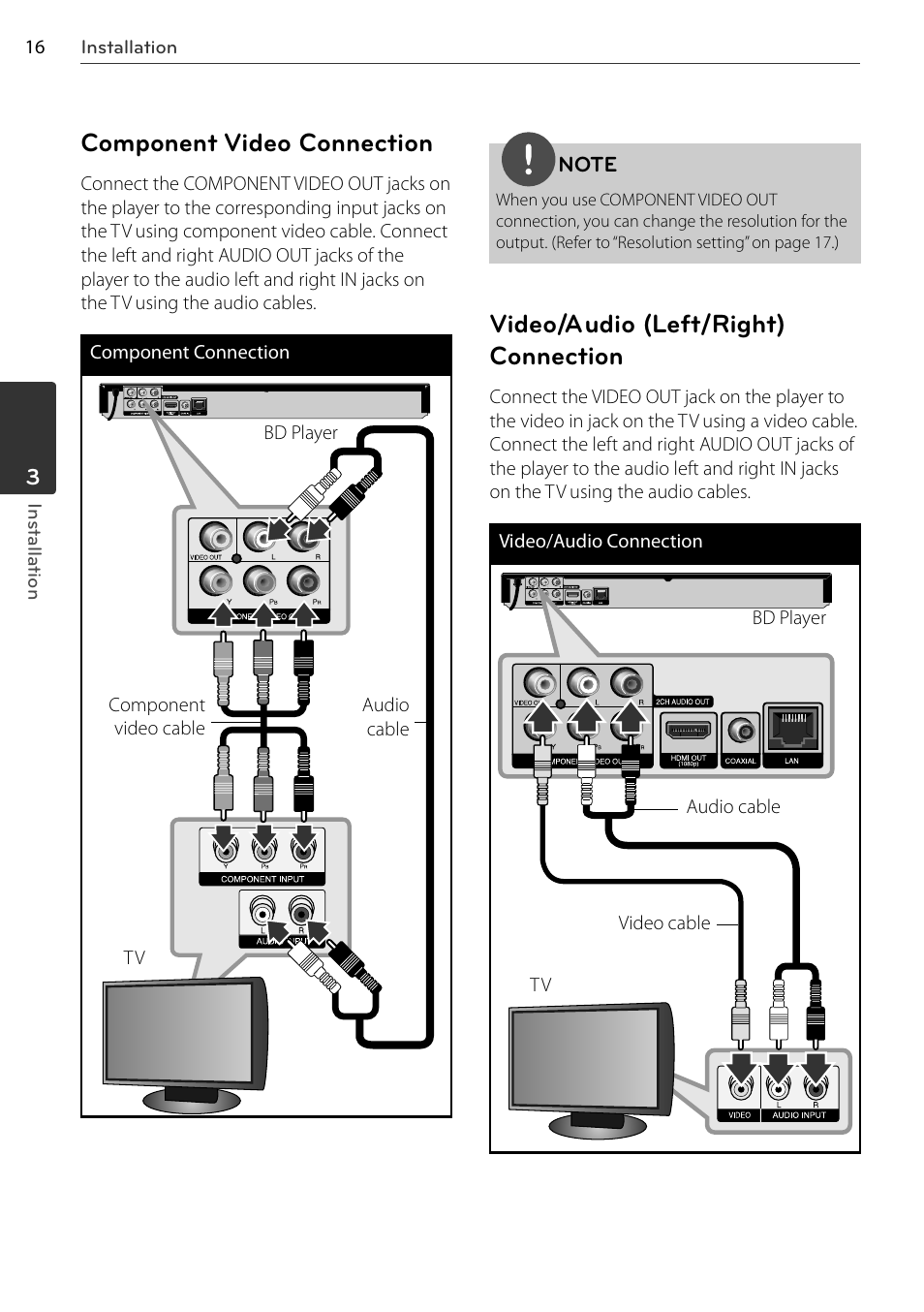 Component video connection, Video/audio (left/right) connection | LG BD678N User Manual | Page 16 / 72