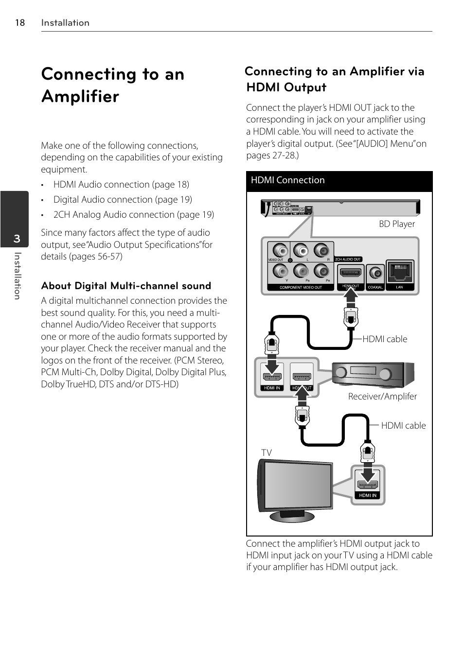 Connecting to an amplifier, Connecting to an amplifier via hdmi output | LG BD678N User Manual | Page 18 / 72