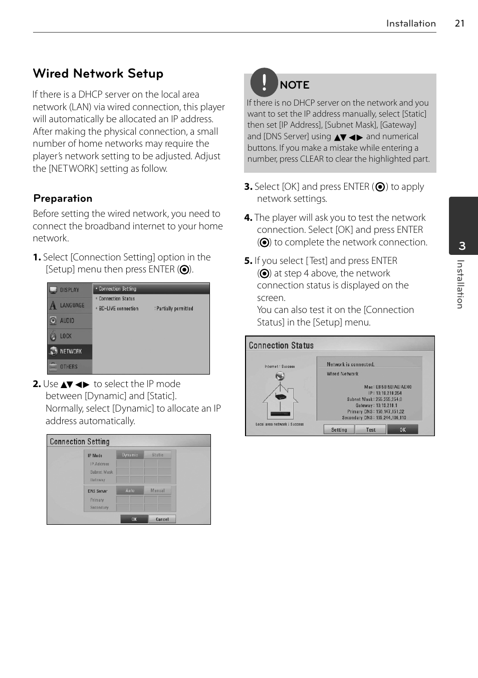 Wired network setup | LG BD678N User Manual | Page 21 / 72