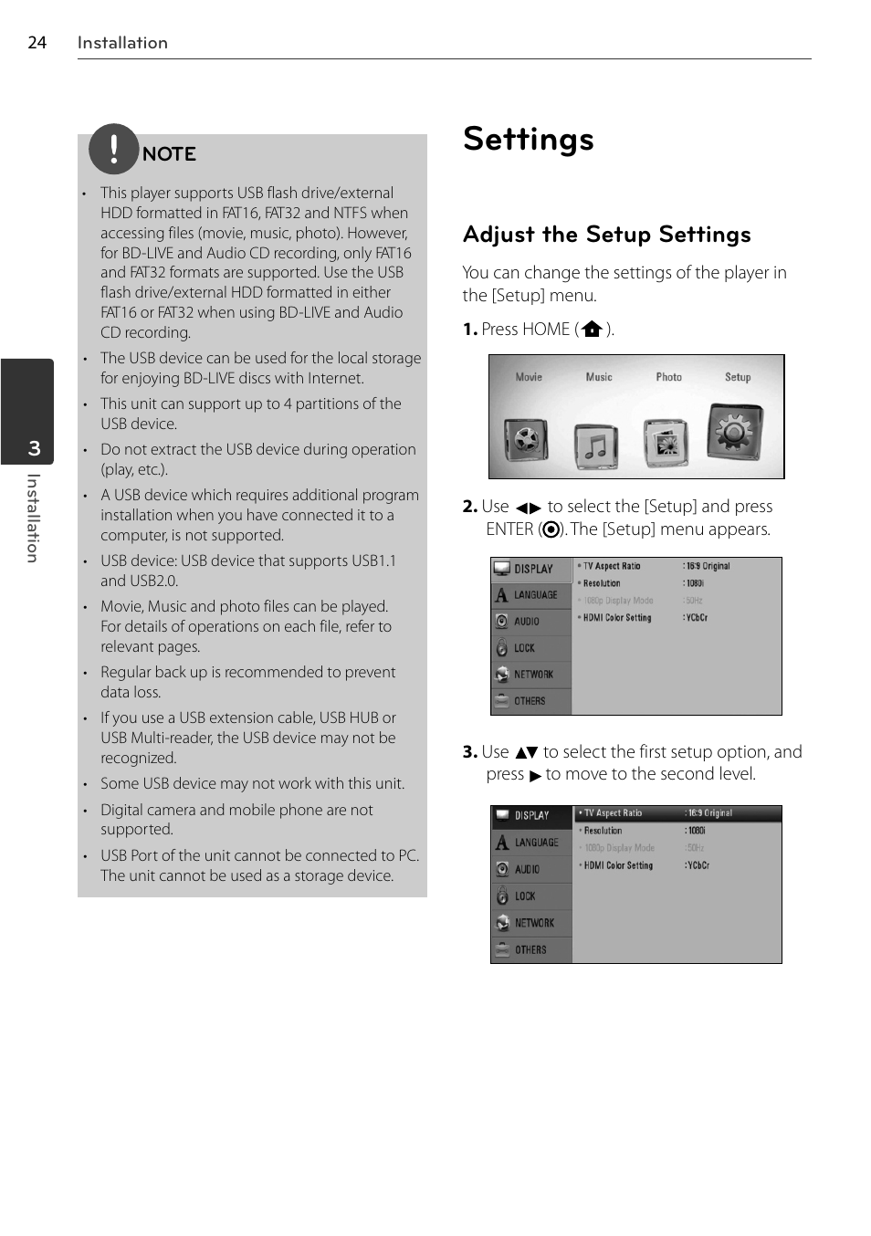 Settings, Adjust the setup settings | LG BD678N User Manual | Page 24 / 72