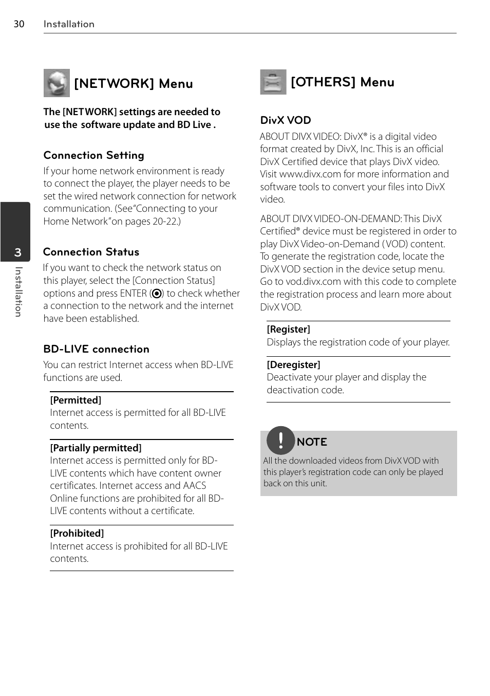 Network] menu, Others] menu | LG BD678N User Manual | Page 30 / 72