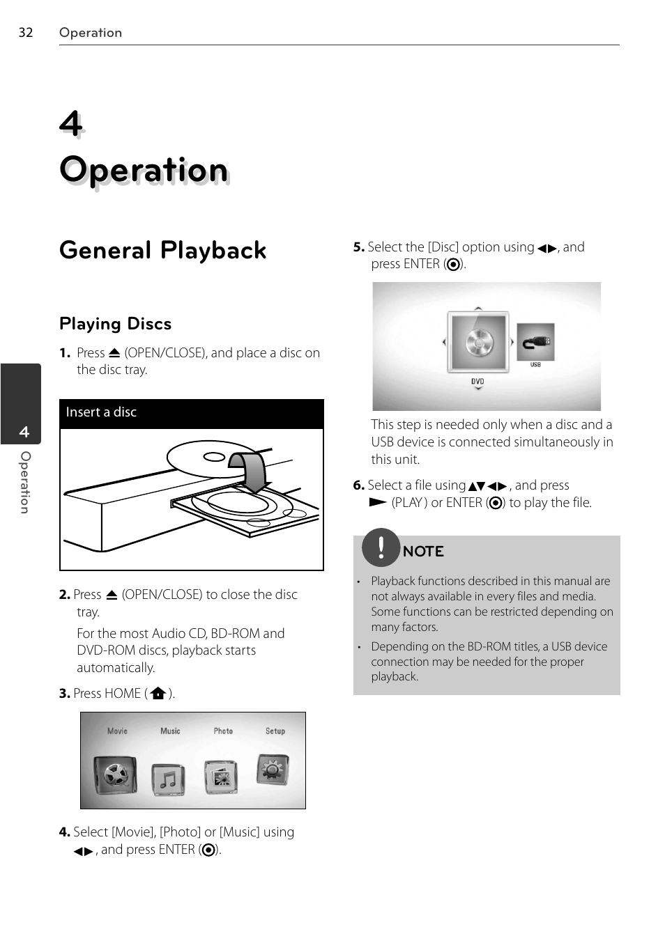 4 operation, General playback, Playing discs | LG BD678N User Manual | Page 32 / 72