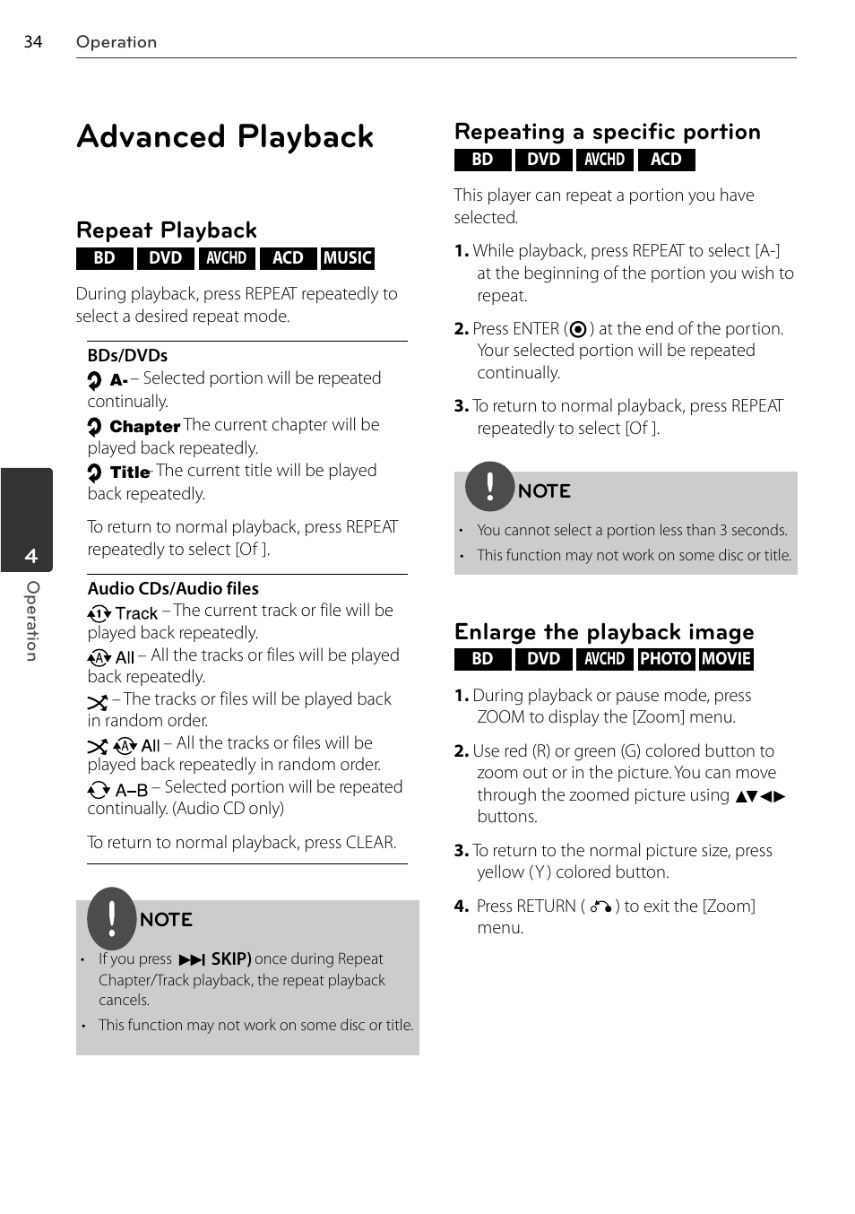 Advanced playback, Repeat playback, Repeating a specific portion | Enlarge the playback image | LG BD678N User Manual | Page 34 / 72