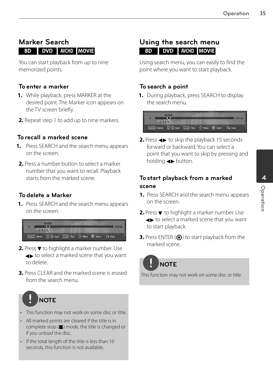 Marker search, Using the search menu | LG BD678N User Manual | Page 35 / 72