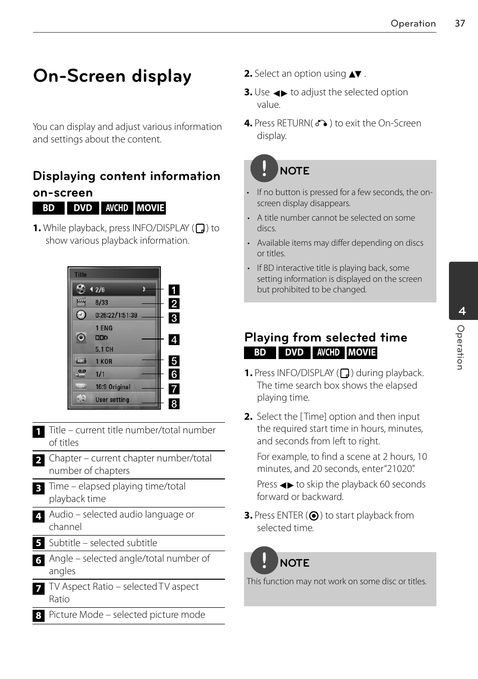 On-screen display, Displaying content information on-screen, Playing from selected time | LG BD678N User Manual | Page 37 / 72