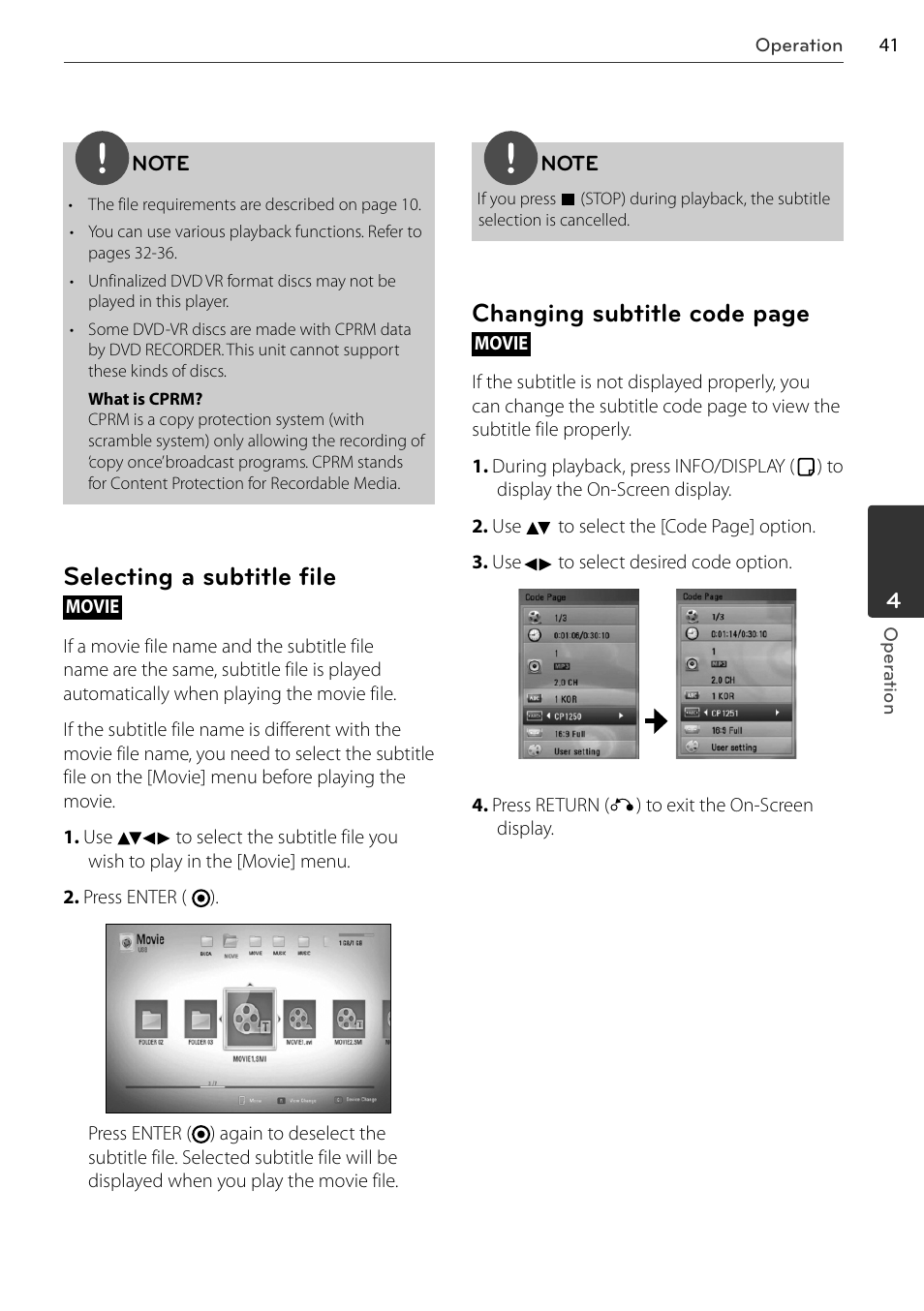 Selecting a subtitle file, Changing subtitle code page | LG BD678N User Manual | Page 41 / 72