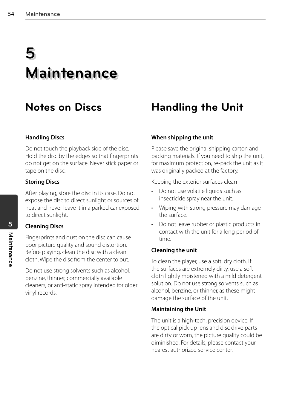 5 maintenance, Handling the unit | LG BD678N User Manual | Page 54 / 72