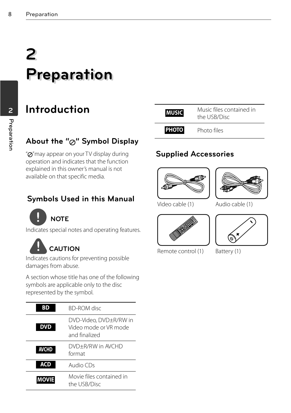 2 preparation, Introduction, About the “ ” symbol display | Symbols used in this manual, Supplied accessories | LG BD678N User Manual | Page 8 / 72