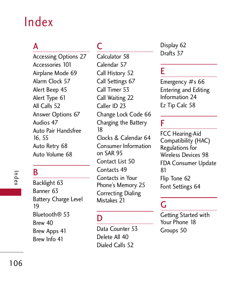 Index | LG 300 User Manual | Page 108 / 226