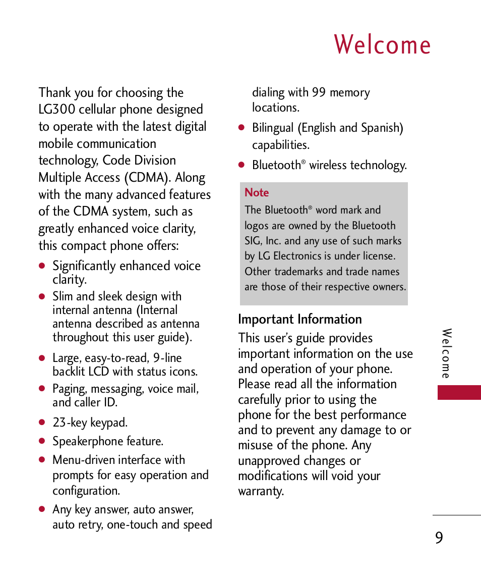 Welcome, Important information | LG 300 User Manual | Page 11 / 226