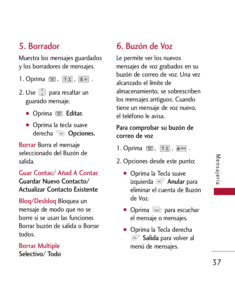 Borrador, Buz? de voz, Buzón de voz | LG 300 User Manual | Page 147 / 226