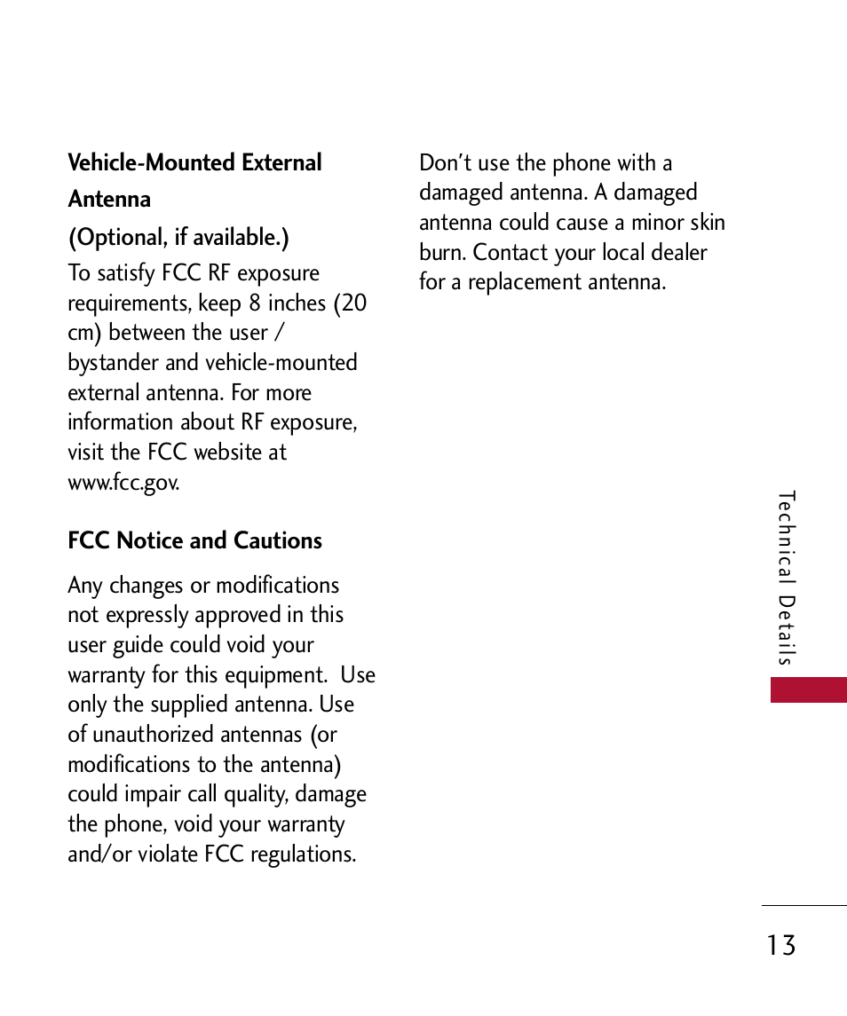 Vehicle-mounted external ant, Fcc notice and cautions, Vehicle-mounted external antenna 13 | LG 300 User Manual | Page 15 / 226