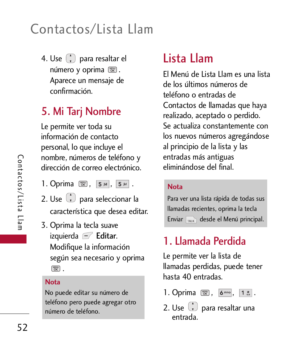 Llamada perdida, Contactos/lista llam, Lista llam | Mi tarj nombre | LG 300 User Manual | Page 162 / 226